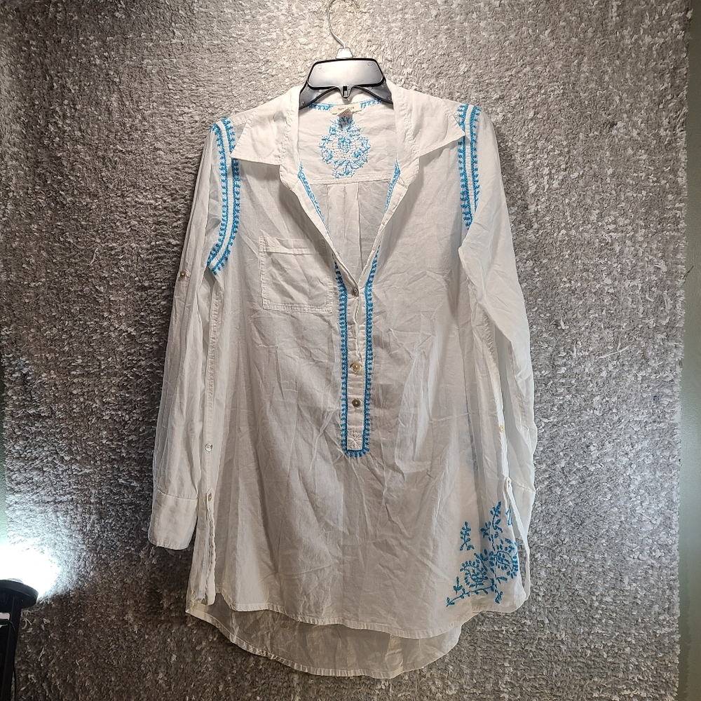 Sundance Embroidered Tunic Cover Up Top S White Embroidered Long Sleeve READ
